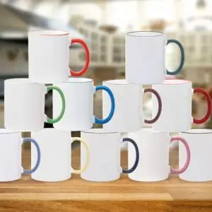 Group of 11oz colored rim and Handle coffee mugs