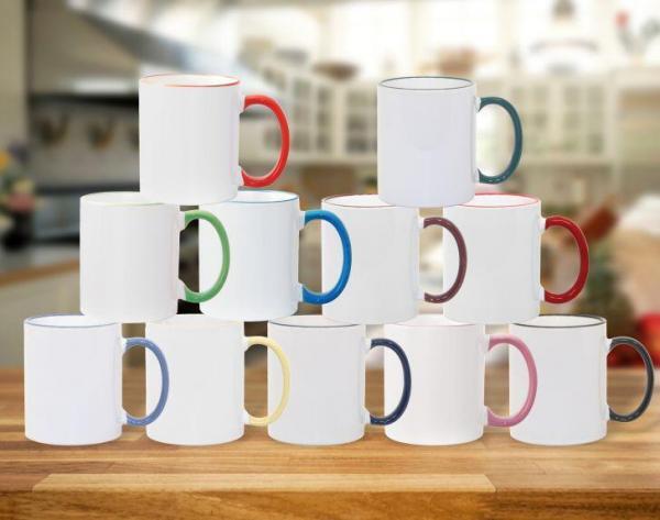 Group of 11oz colored rim and Handle coffee mugs
