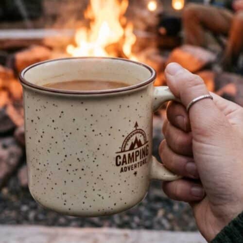 Camp mug with campfire backdrop