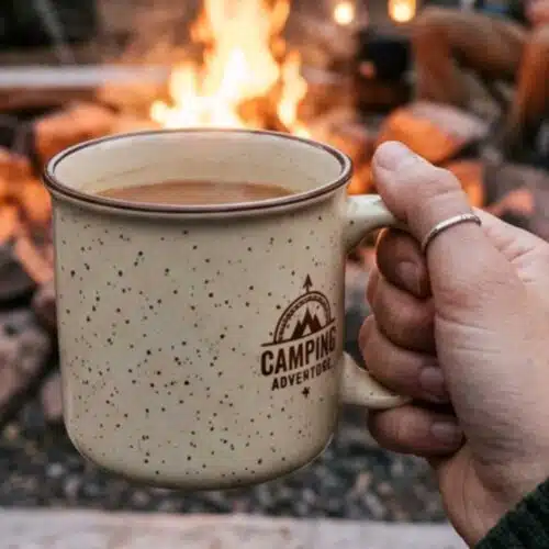 Camp mug with campfire backdrop